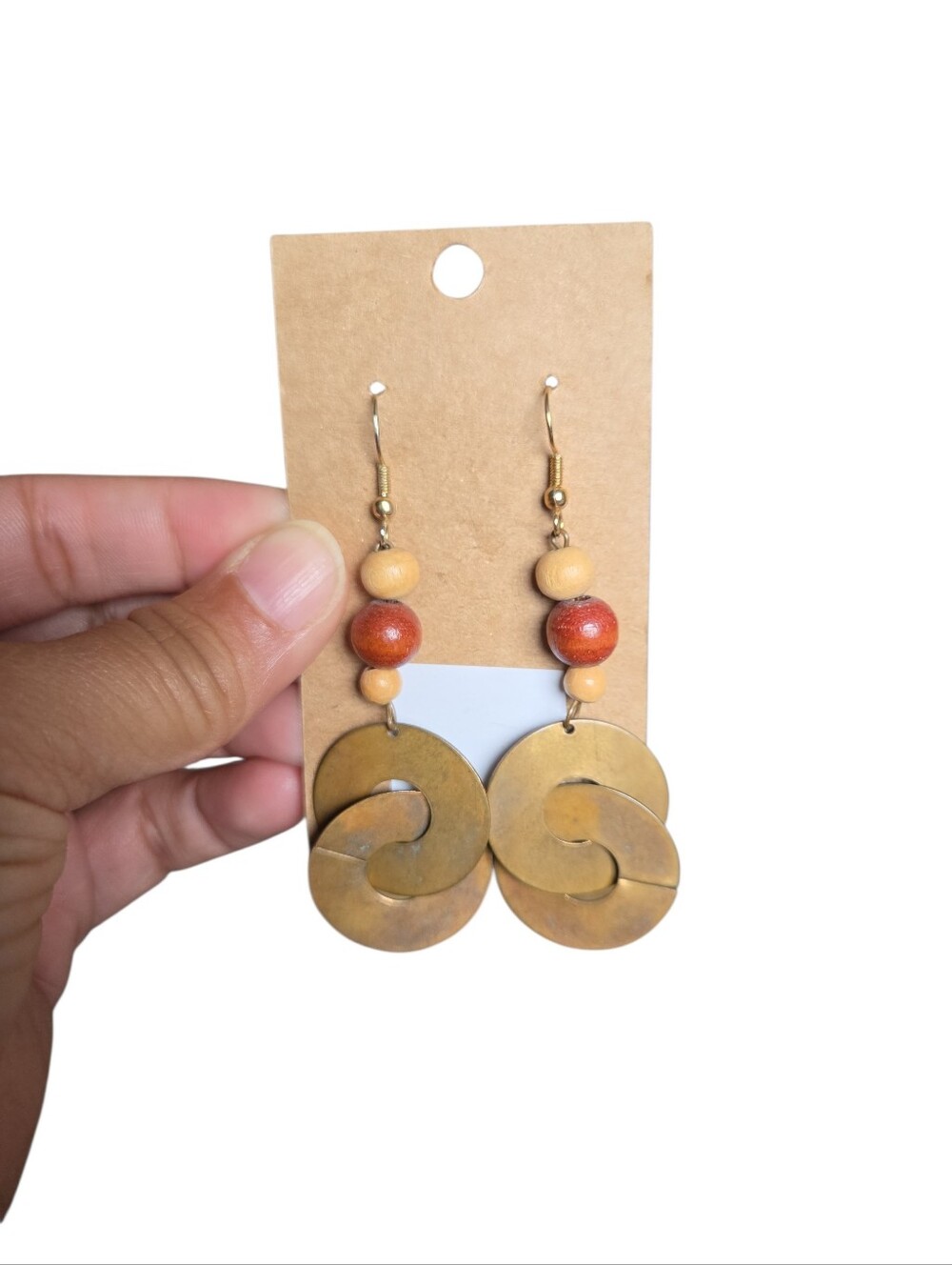 Vintage Gold Toned Bohemian Linked Circle Dangle Earrings in Brown and Tan 3"